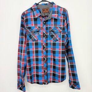 Rock Revival Taylor Plaid Red Blue Double Pocket Button Down Long Sleeve Shirt